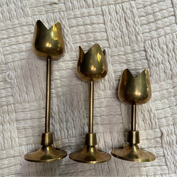 Vintage Brass MCM Tulip Candle Holders Set of 3 India - Picture 1 of 10